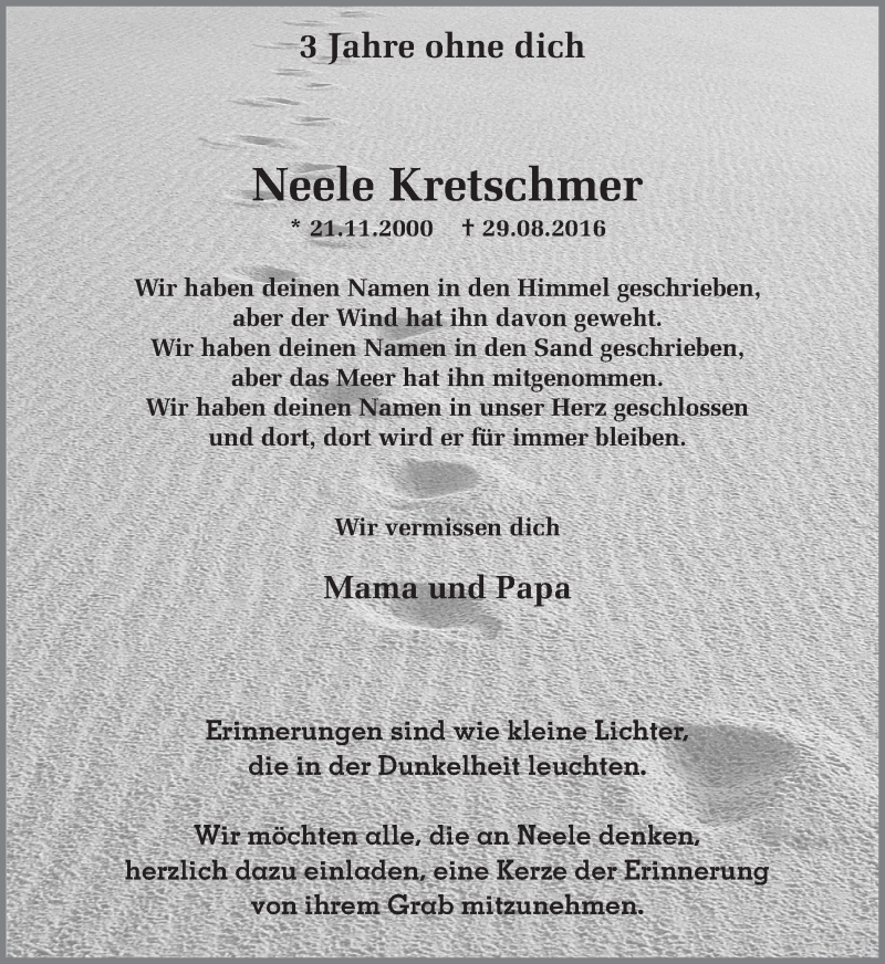  Traueranzeige für Neele Kretschmer vom 29.08.2019 aus Ruhr Nachrichten und Dorstener Zeitung