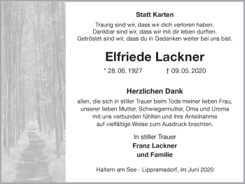 Traueranzeige von Elfriede Lackner von Ruhr Nachrichten und Halterner Zeitung
