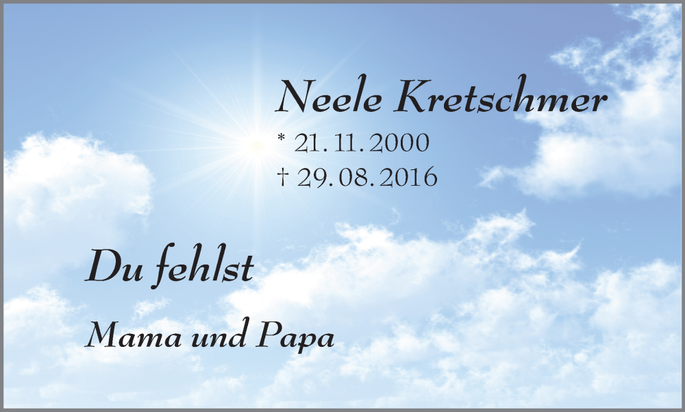  Traueranzeige für Neele Kretschmer vom 29.08.2022 aus Ruhr Nachrichten und Dorstener Zeitung