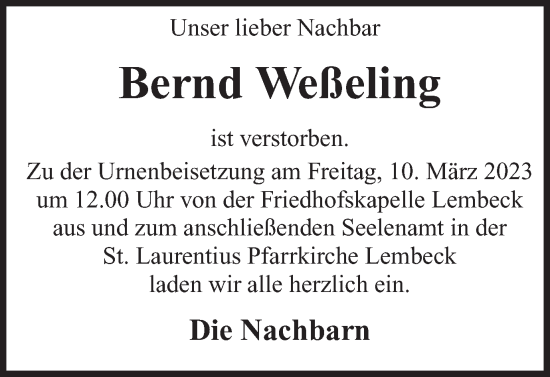 Traueranzeige von Bernd Weßeling von Ruhr Nachrichten und Dorstener Zeitung