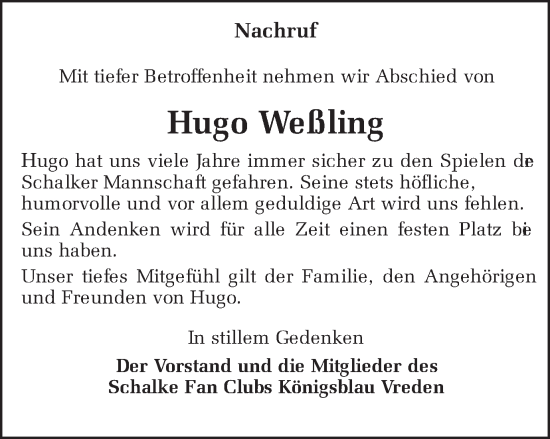 Traueranzeige von Hugo Weßling von Hellweger Anzeiger