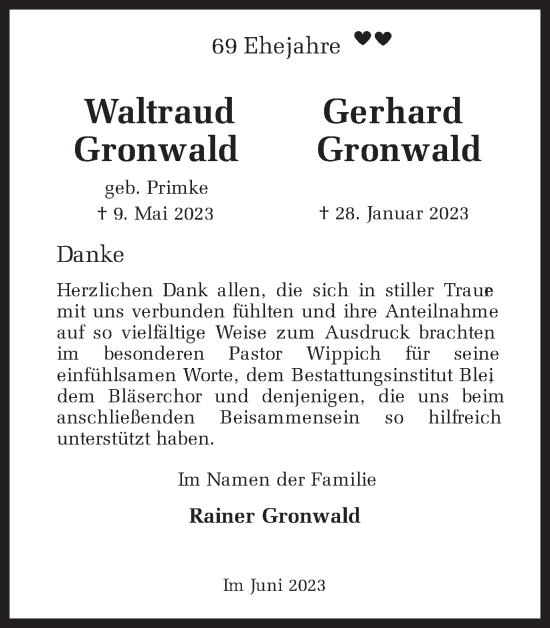 Traueranzeige von Waltraud und Gerhard Gronwald 