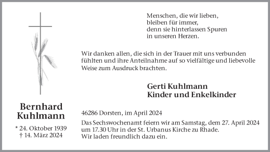 Traueranzeige von Bernhard Kuhlmann von Ruhr Nachrichten und Dorstener Zeitung