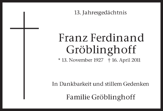 Traueranzeige von Franz Ferdinand Gröblinghoff von Ruhr Nachrichten