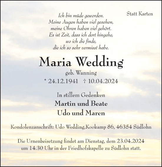 Traueranzeige von Maria Wedding von Münsterland Zeitung