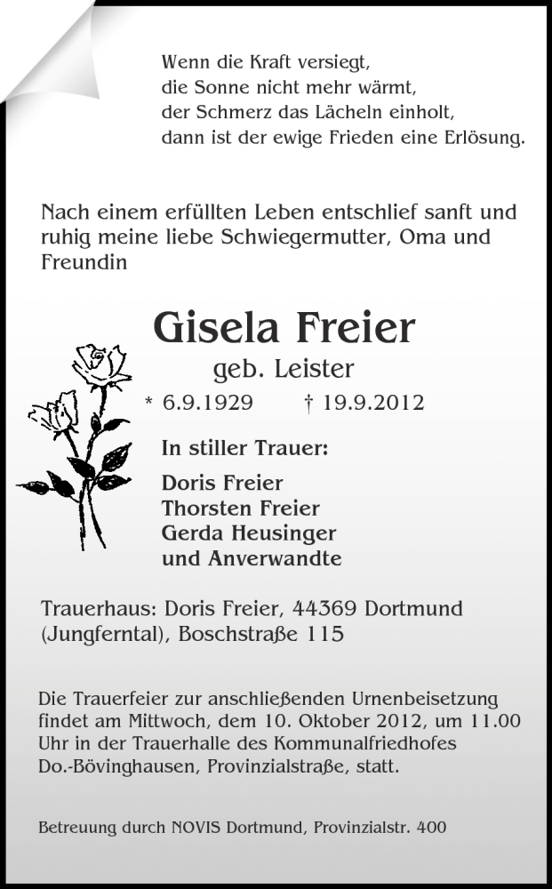  Traueranzeige für Gisela Freier vom 06.10.2012 aus Ruhr Nachrichten