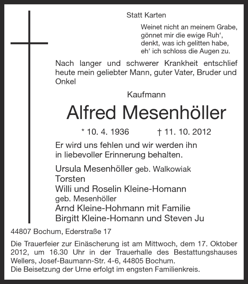  Traueranzeige für Alfred Mesenhöller vom 13.10.2012 aus Ruhr Nachrichten