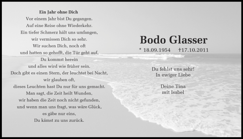  Traueranzeige für Bodo Glasser vom 17.10.2012 aus Ruhr Nachrichten