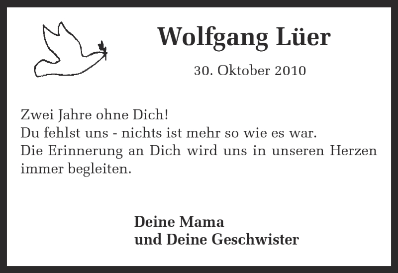  Traueranzeige für Wolfgang Lüer vom 30.10.2012 aus Ruhr Nachrichten