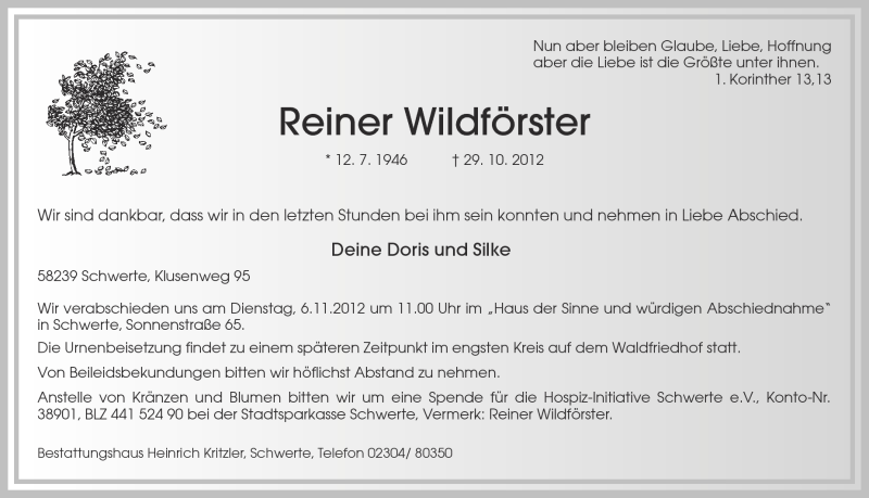  Traueranzeige für Reiner Wildförster vom 01.11.2012 aus Ruhr Nachrichten