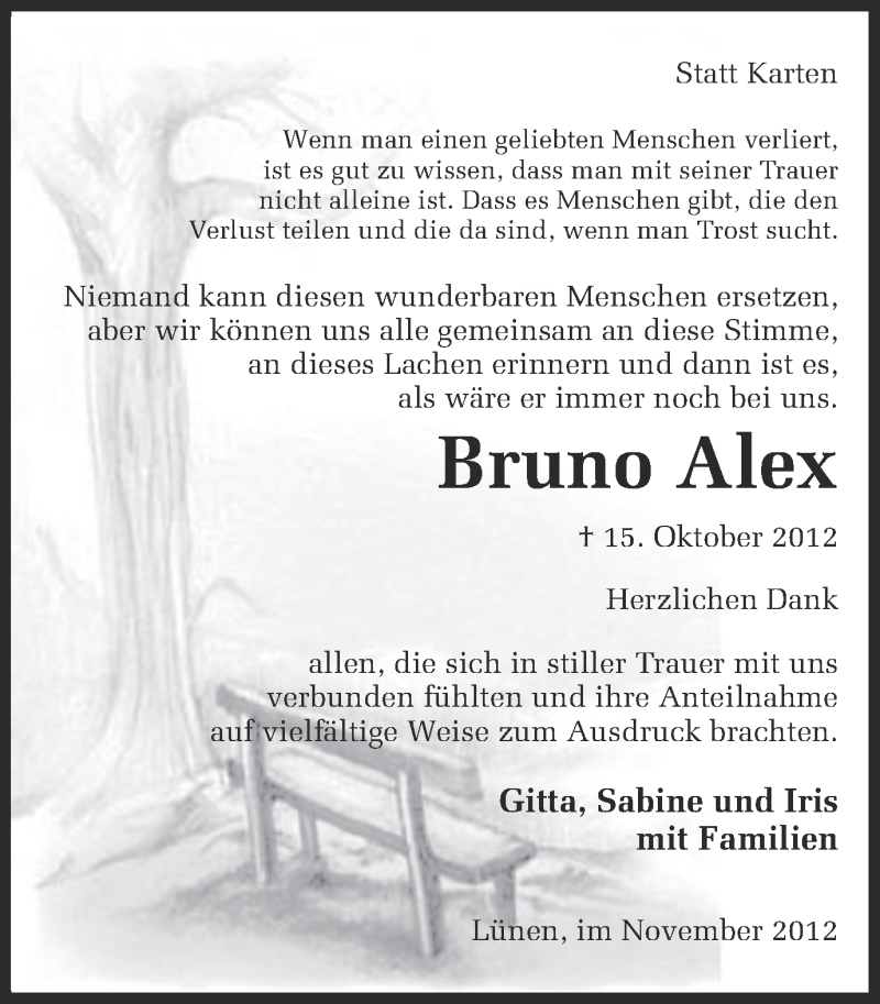  Traueranzeige für Bruno Alex vom 15.11.2012 aus Ruhr Nachrichten