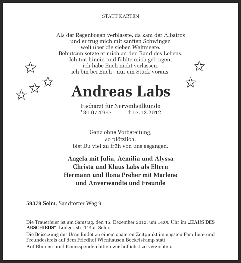  Traueranzeige für Andreas Labs vom 11.12.2012 aus Ruhr Nachrichten
