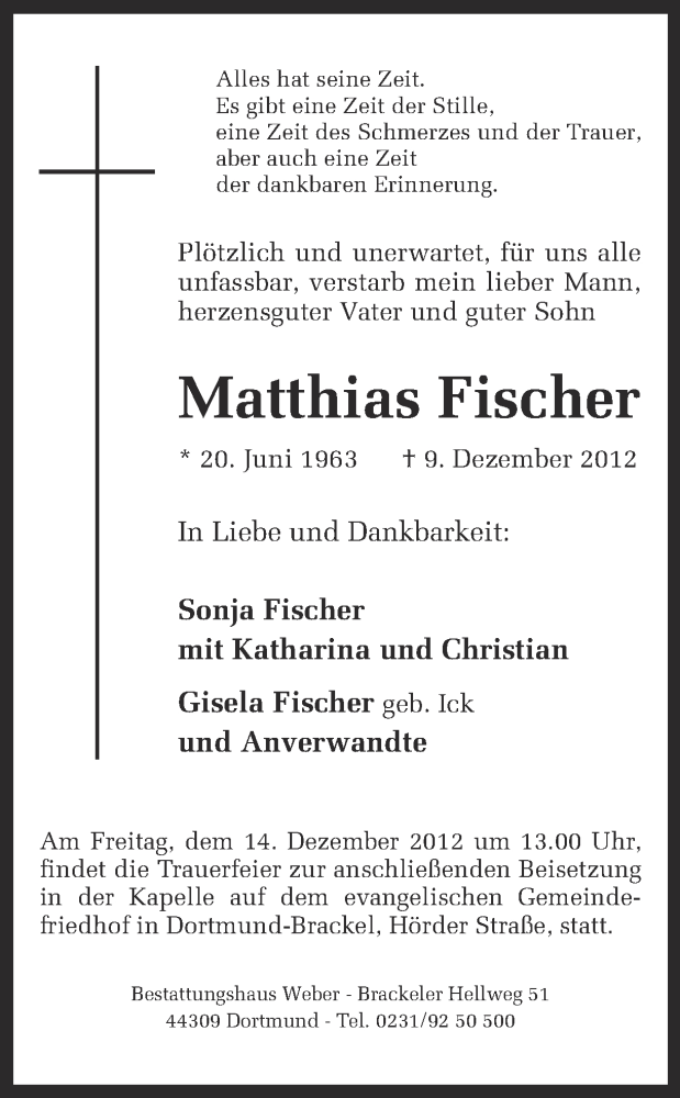 Traueranzeige für Matthias Fischer vom 12.12.2012 aus Ruhr Nachrichten