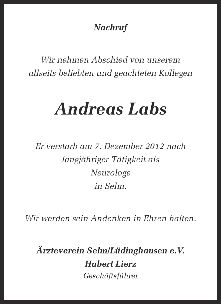  Traueranzeige für Andreas Labs vom 15.12.2012 aus Ruhr Nachrichten