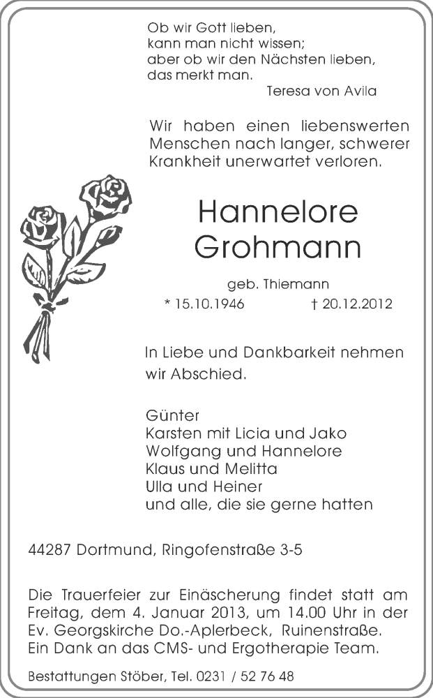  Traueranzeige für Hannelore Grohmann vom 29.12.2012 aus Ruhr Nachrichten