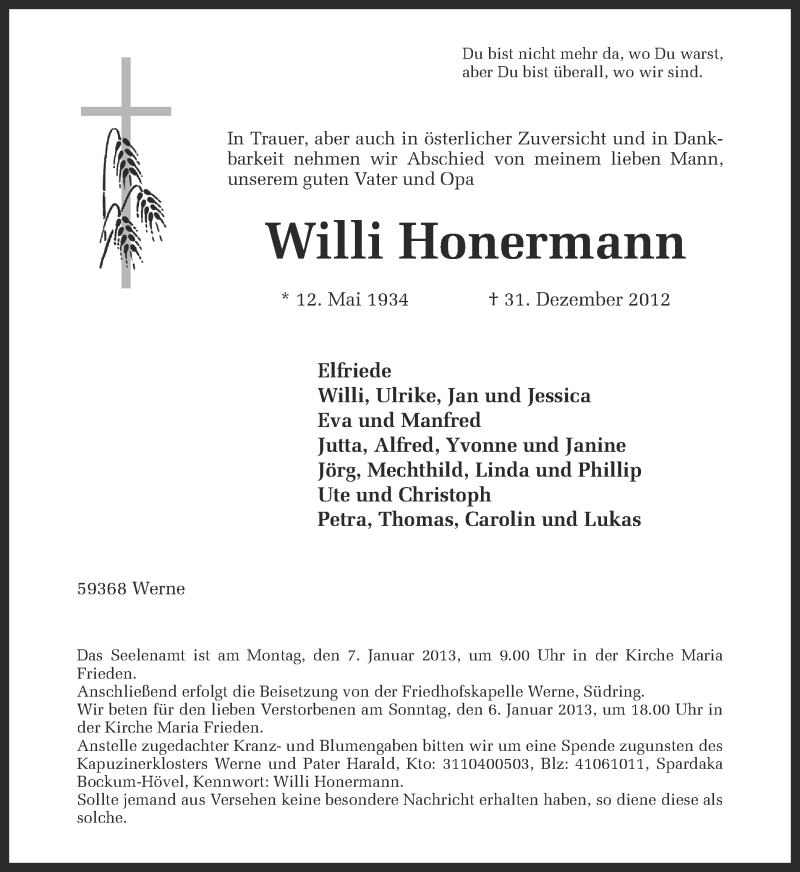  Traueranzeige für Willi Honermann vom 03.01.2013 aus Ruhr Nachrichten