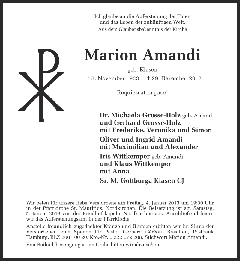  Traueranzeige für Marion Amandi vom 03.01.2013 aus Ruhr Nachrichten