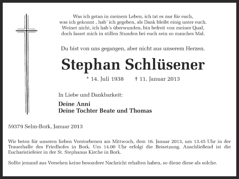  Traueranzeige für Stephan Schlüsener vom 14.01.2013 aus Ruhr Nachrichten