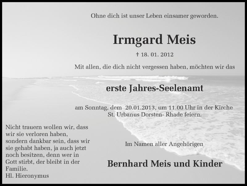  Traueranzeige für Irmgard Meis vom 16.01.2013 aus Ruhr Nachrichten und Dorstener Zeitung