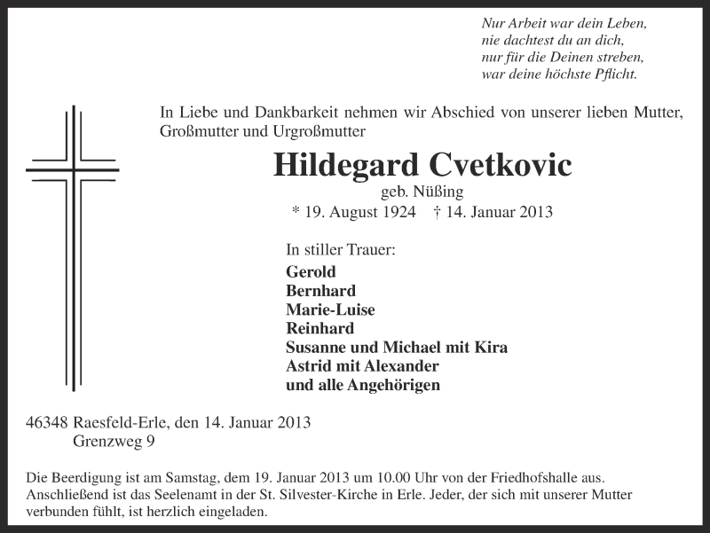  Traueranzeige für Hildegard Cvetkovic vom 17.01.2013 aus Ruhr Nachrichten und Dorstener Zeitung