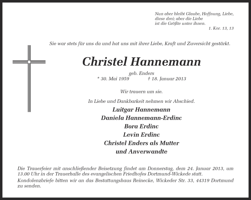  Traueranzeige für Christel Hannemann vom 22.01.2013 aus Ruhr Nachrichten