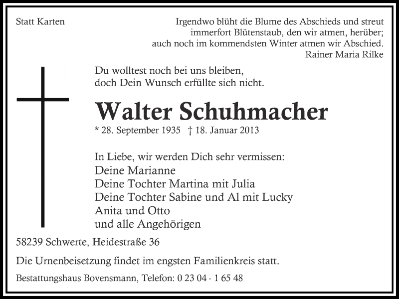  Traueranzeige für Walter Schuhmacher vom 22.01.2013 aus Ruhr Nachrichten