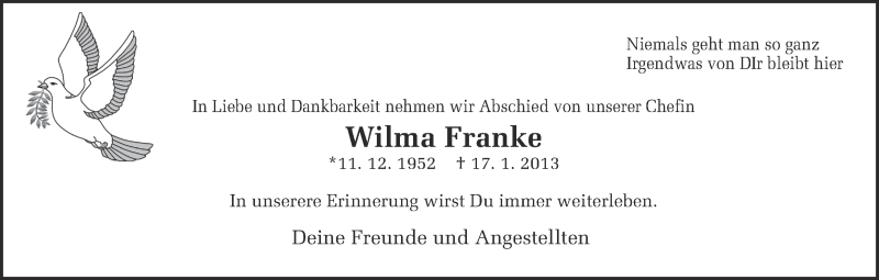  Traueranzeige für Wilma Franke vom 26.01.2013 aus Ruhr Nachrichten