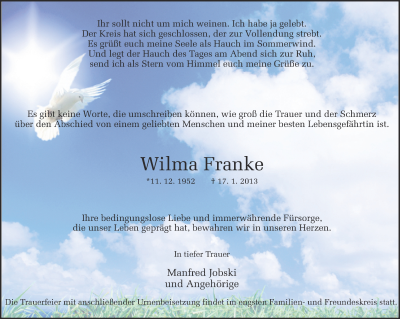  Traueranzeige für Wilma Franke vom 26.01.2013 aus Ruhr Nachrichten