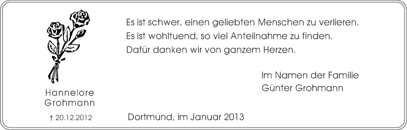  Traueranzeige für Hannelore Grohmann vom 26.01.2013 aus Ruhr Nachrichten