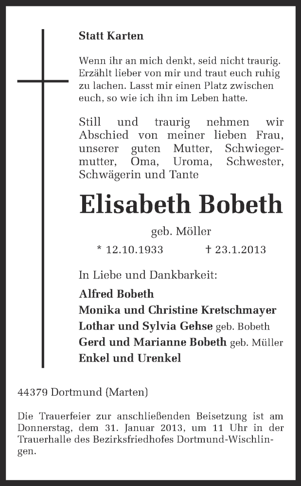  Traueranzeige für Elisabeth Bobeth vom 29.01.2013 aus Ruhr Nachrichten