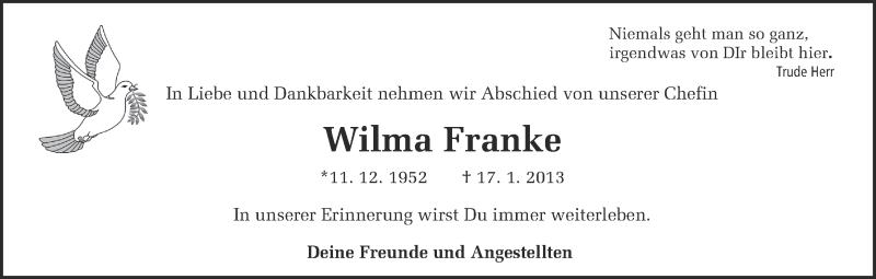  Traueranzeige für Wilma Franke vom 29.01.2013 aus Ruhr Nachrichten