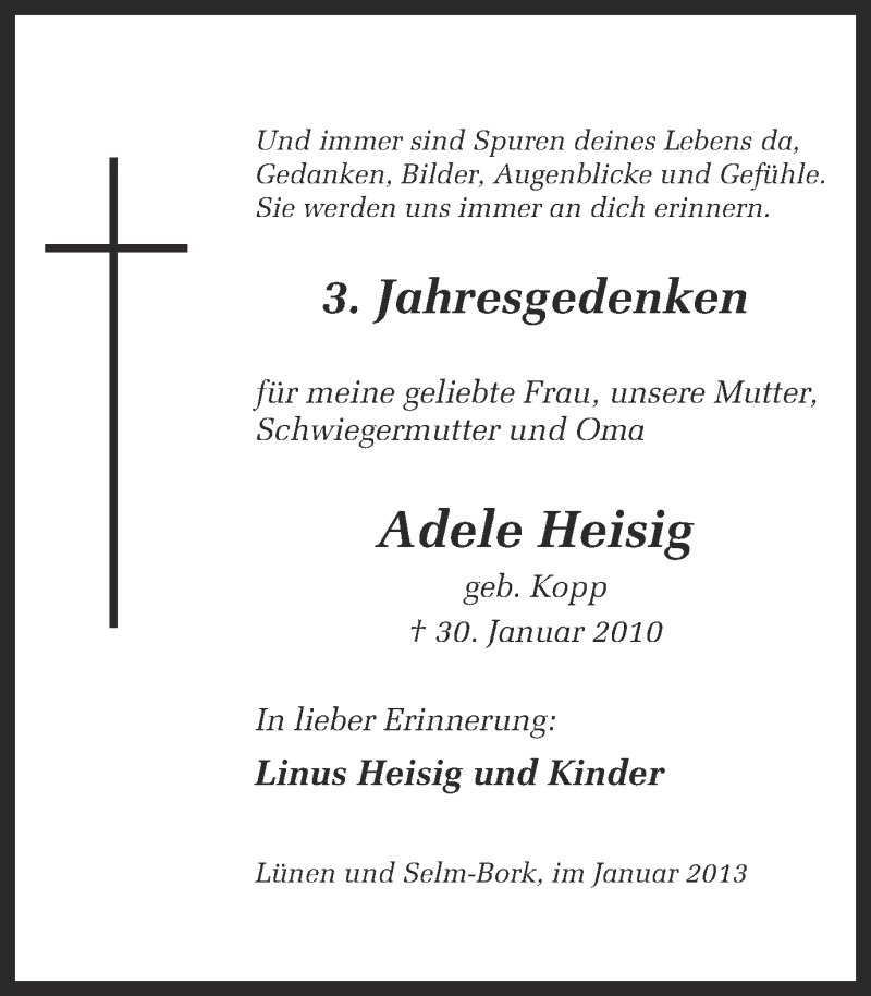  Traueranzeige für Adele Heisig vom 30.01.2013 aus Ruhr Nachrichten