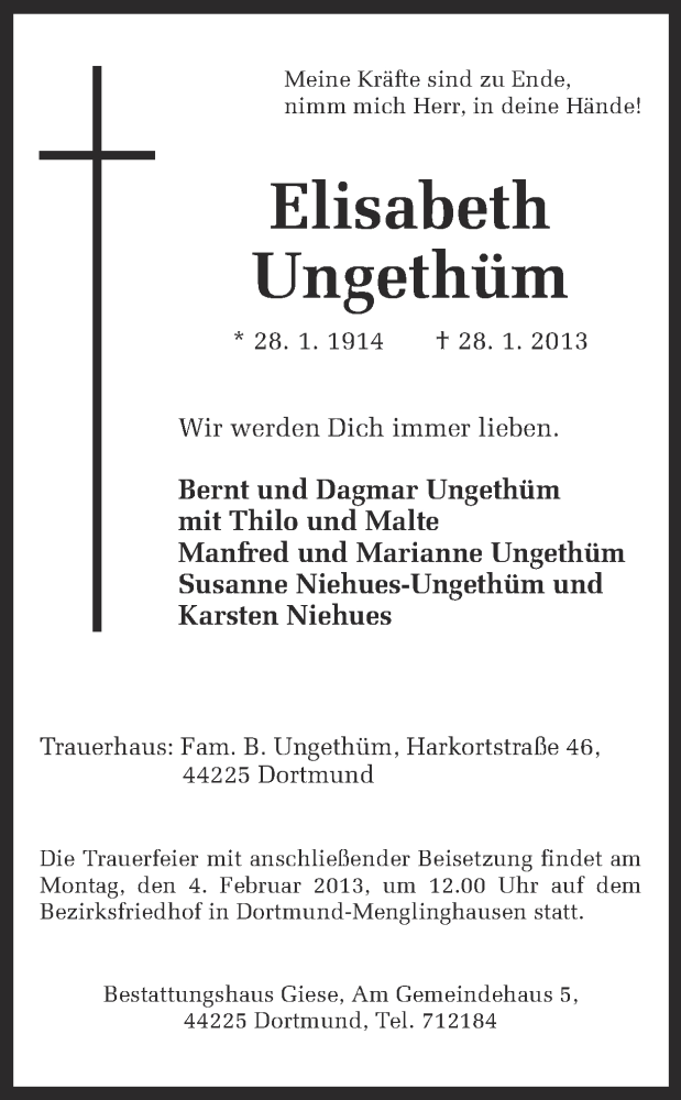  Traueranzeige für Elisabeth Ungethüm vom 30.01.2013 aus Ruhr Nachrichten
