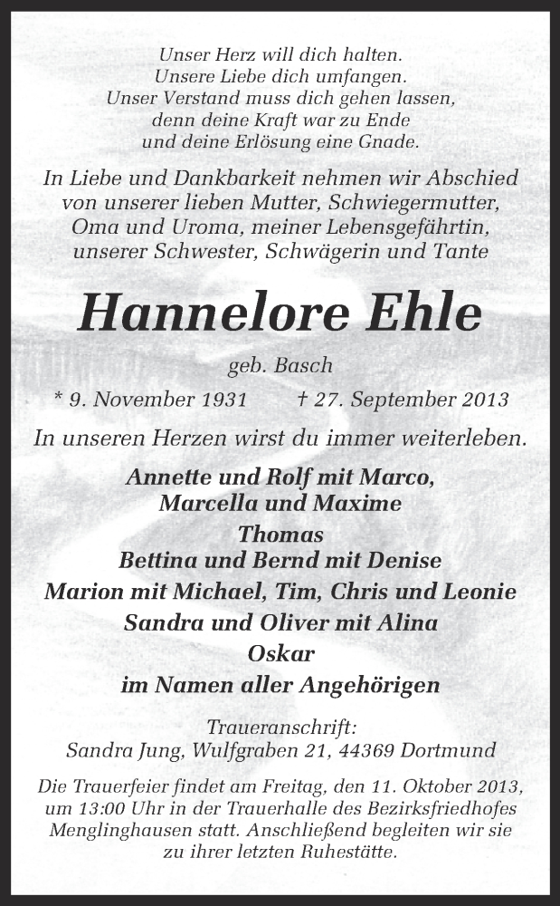  Traueranzeige für Hannelore Ehle vom 08.10.2013 aus Ruhr Nachrichten