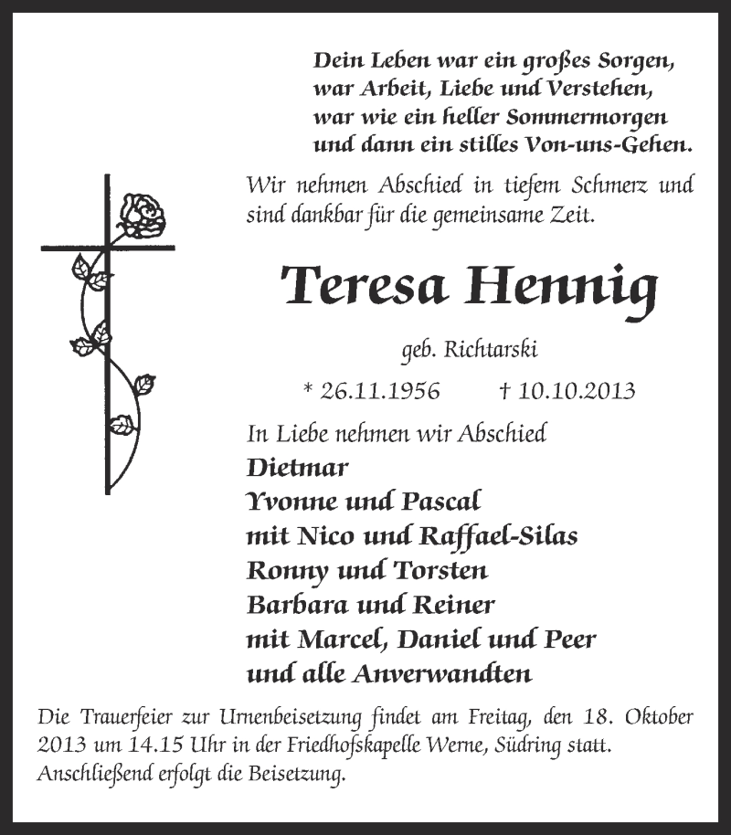  Traueranzeige für Teresa Hennig vom 15.10.2013 aus Ruhr Nachrichten
