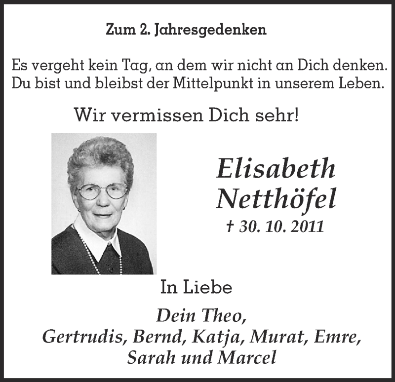  Traueranzeige für Elisabeth Netthöfel vom 30.10.2013 aus Ruhr Nachrichten