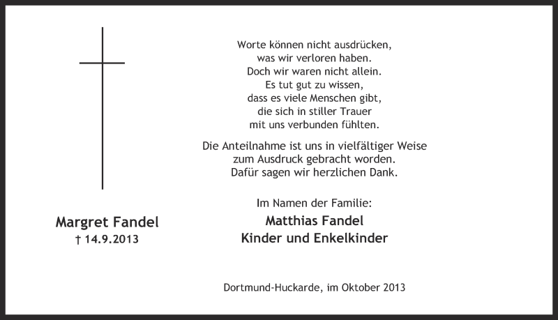  Traueranzeige für Margret Fandel vom 19.10.2013 aus Ruhr Nachrichten