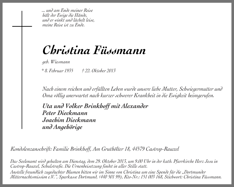  Traueranzeige für Christina Füssmann vom 25.10.2013 aus Ruhr Nachrichten