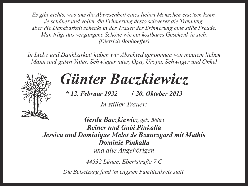  Traueranzeige für Günter Baczkiewicz vom 07.11.2013 aus Ruhr Nachrichten