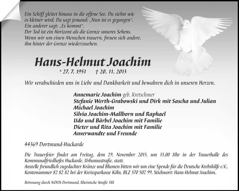  Traueranzeige für Hans-Helmut Joachim vom 26.11.2013 aus Ruhr Nachrichten