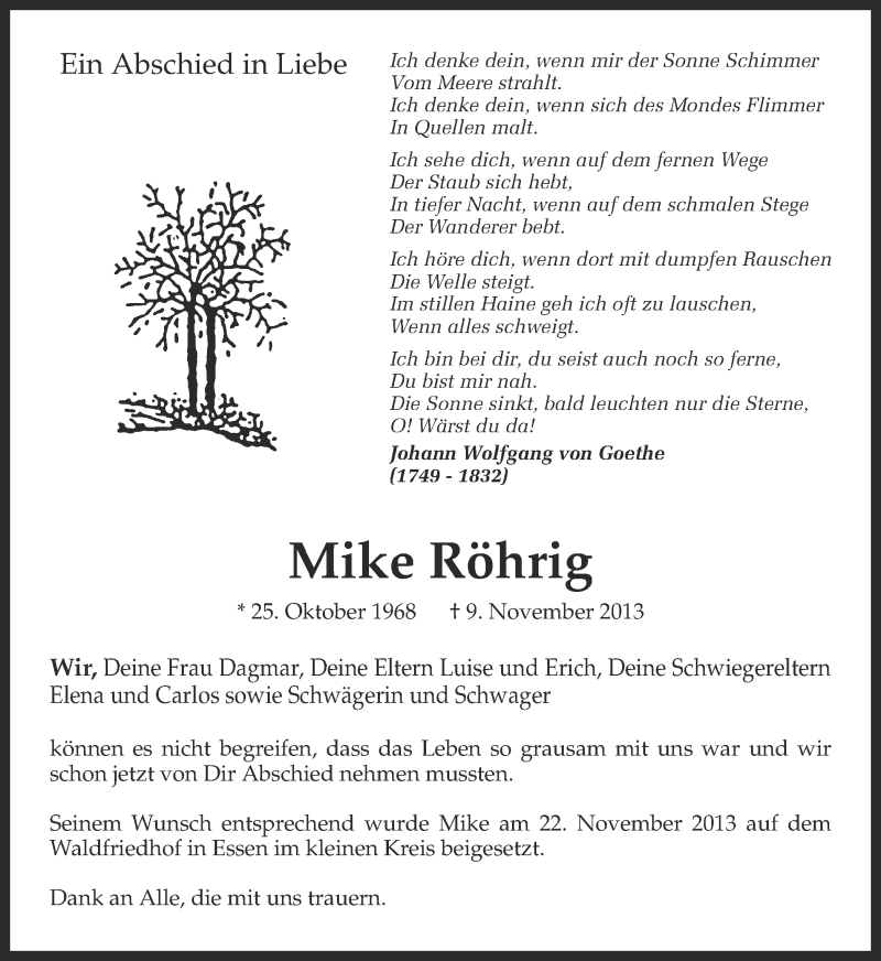  Traueranzeige für Mike Röhrig vom 30.11.2013 aus Ruhr Nachrichten