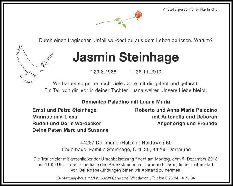  Traueranzeige für Jasmin Steinhage vom 03.12.2013 aus Ruhr Nachrichten