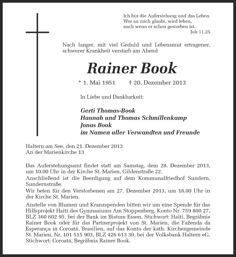  Traueranzeige für Rainer Book vom 23.12.2013 aus Ruhr Nachrichten und Halterner Zeitung