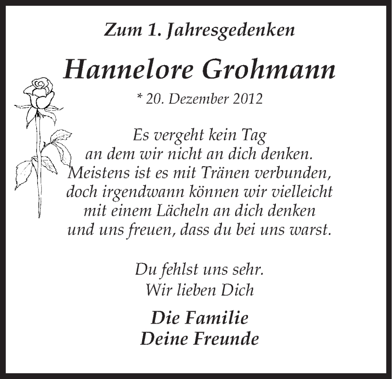  Traueranzeige für Hannelore Grohmann vom 21.12.2013 aus  Ruhr Nachrichten