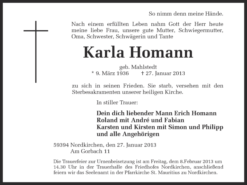  Traueranzeige für Karla Homann vom 02.02.2013 aus Ruhr Nachrichten