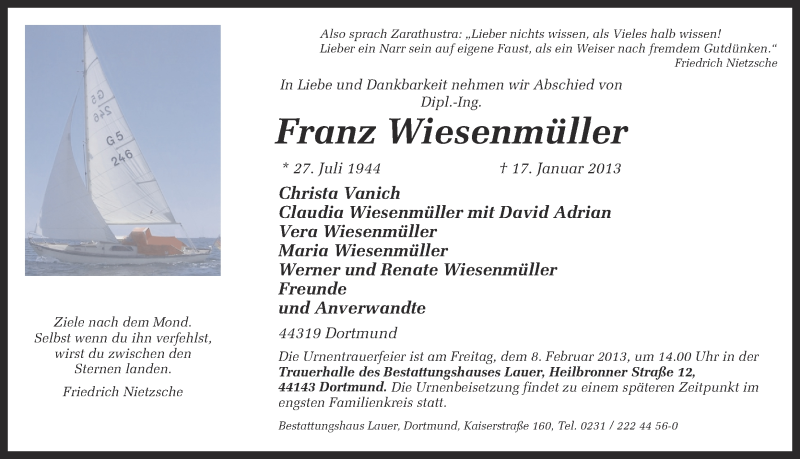  Traueranzeige für Franz Wiesenmüller vom 02.02.2013 aus Ruhr Nachrichten