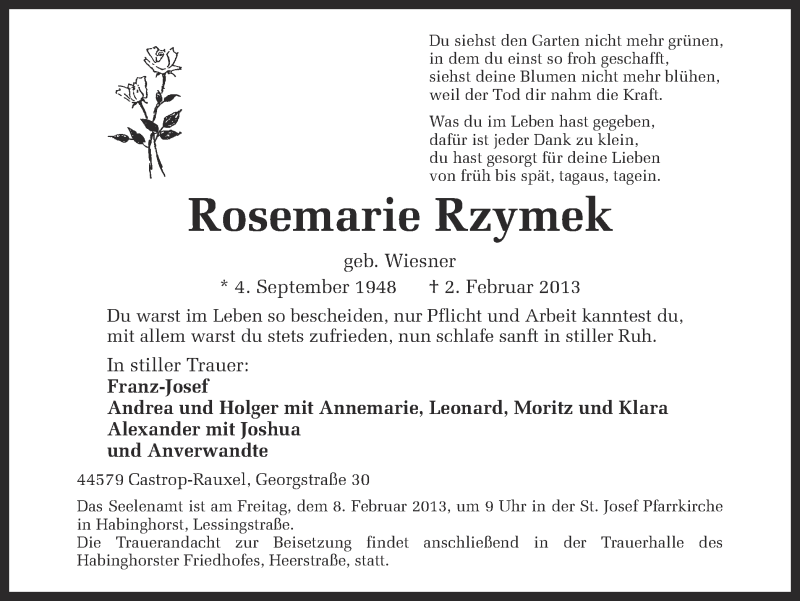  Traueranzeige für Rosemarie Rzymek vom 05.02.2013 aus Ruhr Nachrichten
