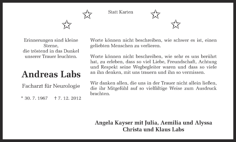  Traueranzeige für Andreas Labs vom 09.02.2013 aus Ruhr Nachrichten