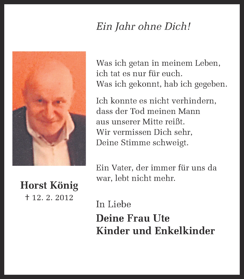  Traueranzeige für Horst König vom 12.02.2013 aus Ruhr Nachrichten
