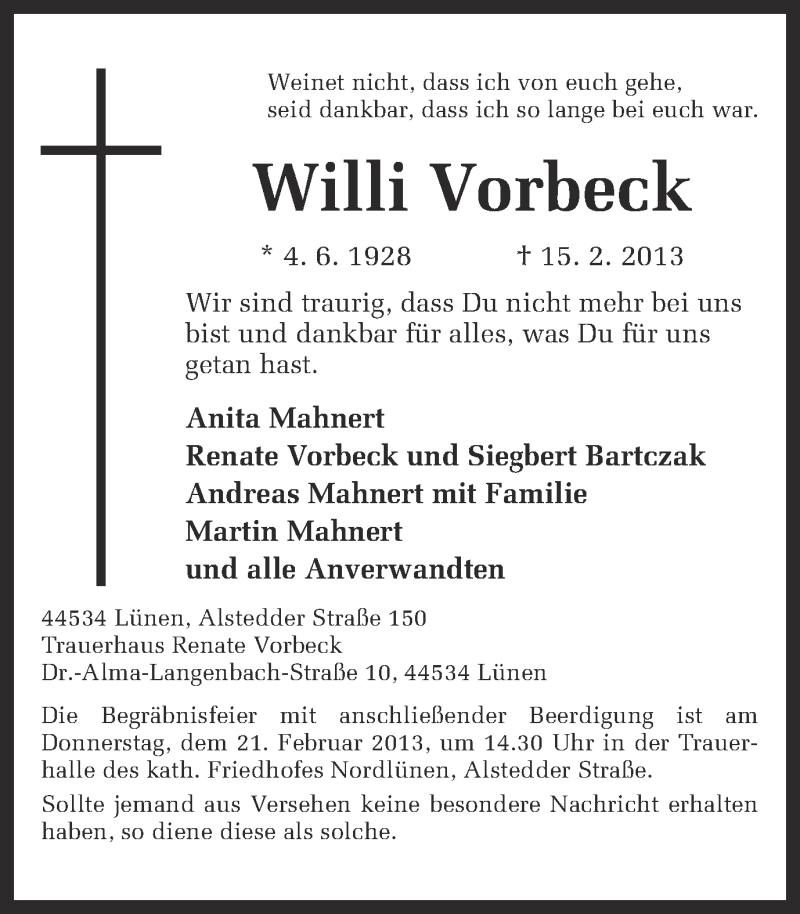  Traueranzeige für Willi Vorbeck vom 19.02.2013 aus Ruhr Nachrichten